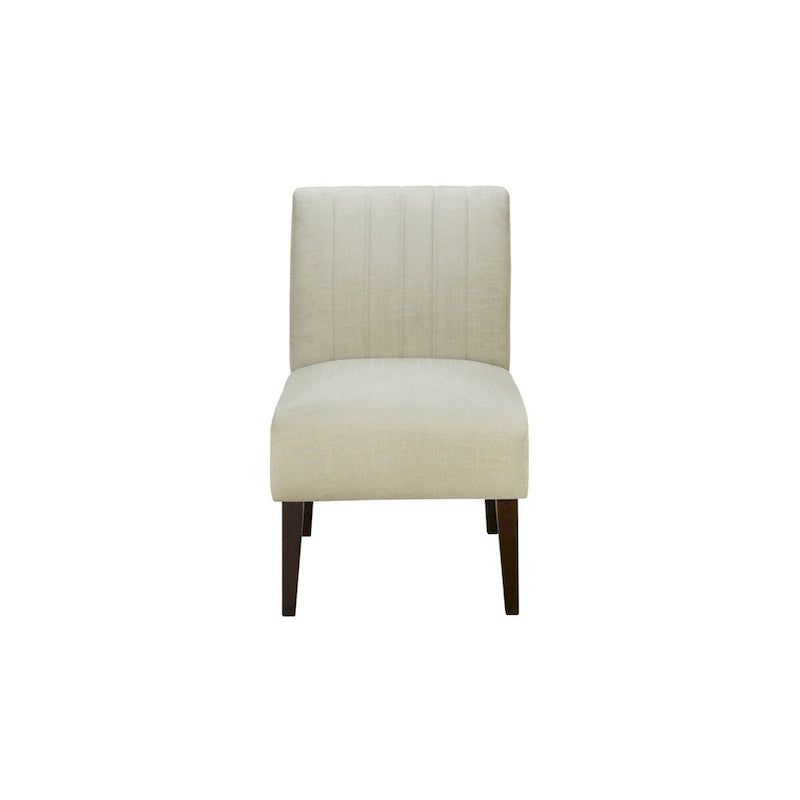 Paula 30 Inch Accent Chair, White Fabric, Channel Tufted Back, Brown Wood