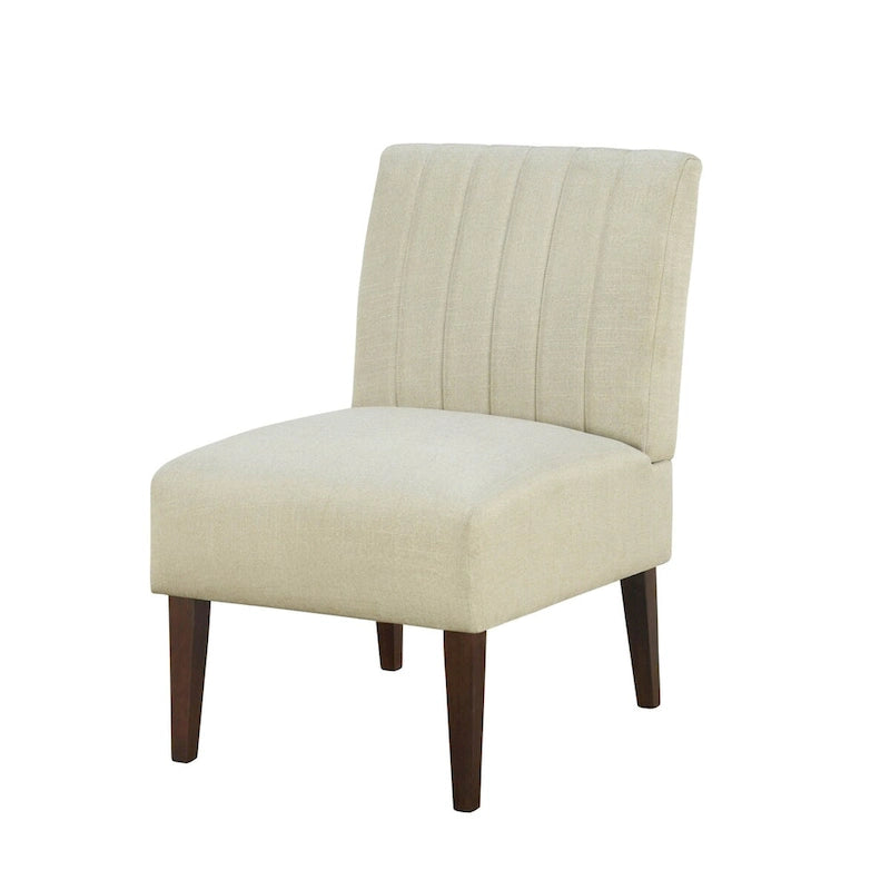 Paula 30 Inch Accent Chair, White Fabric, Channel Tufted Back, Brown Wood