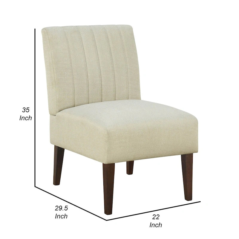 Paula 30 Inch Accent Chair, White Fabric, Channel Tufted Back, Brown Wood