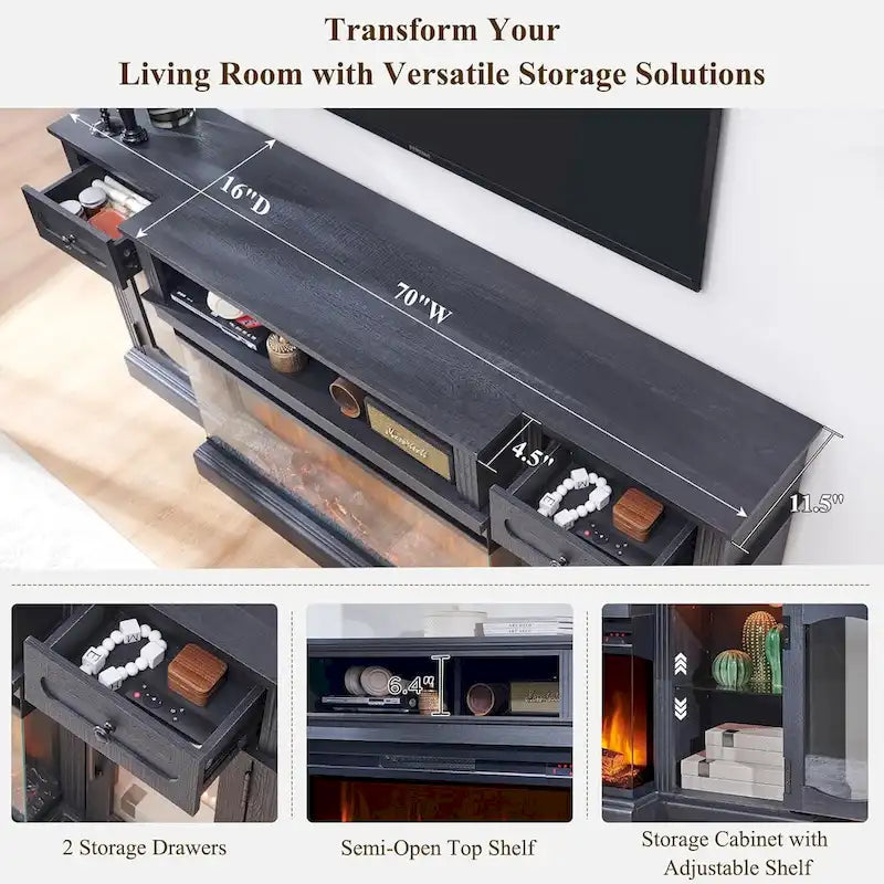 Mobile TV in stile rustico con caminetto elettrico, fino a 80 pollici, mobile multimediale