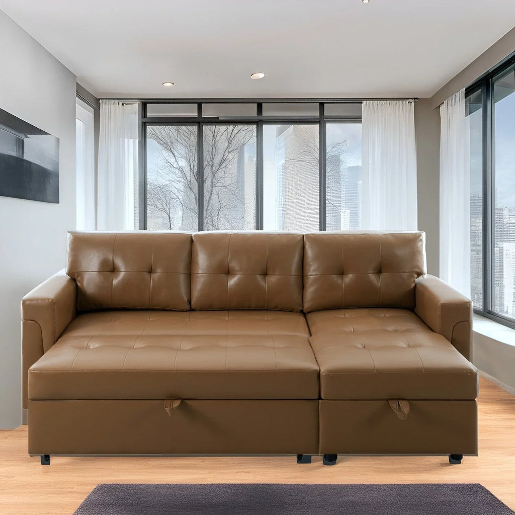 Umbaubares, beidseitig montierbares Ecksofa mit ausziehbarem Schlafbett, verstecktem Stauraum in der Recamiere und robusten Beinen