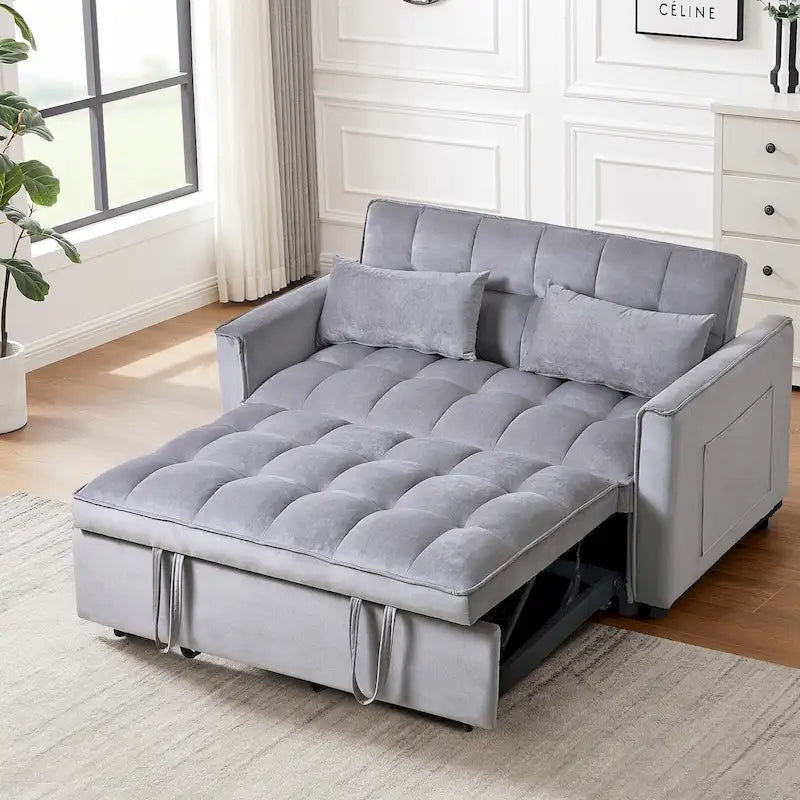 Divanetto letto moderno in velluto con schienale reclinabile e tasche, 2 posti ??Grigio scuro / Grigio chiaro / Blu / Nero
