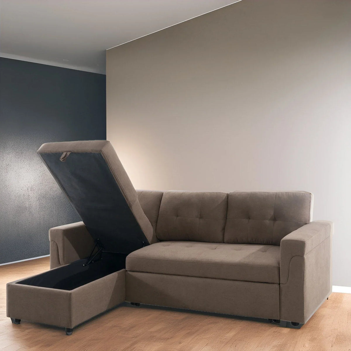 Umbaubares, beidseitig montierbares Ecksofa mit ausziehbarem Schlafbett, verstecktem Stauraum in der Recamiere und robusten Beinen