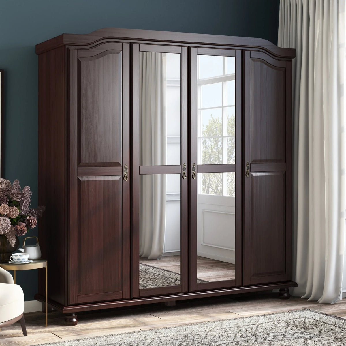 Armadio a 4 ante Kyle Palace Imports in legno massello al 100%, con ante in legno massello o a specchio
