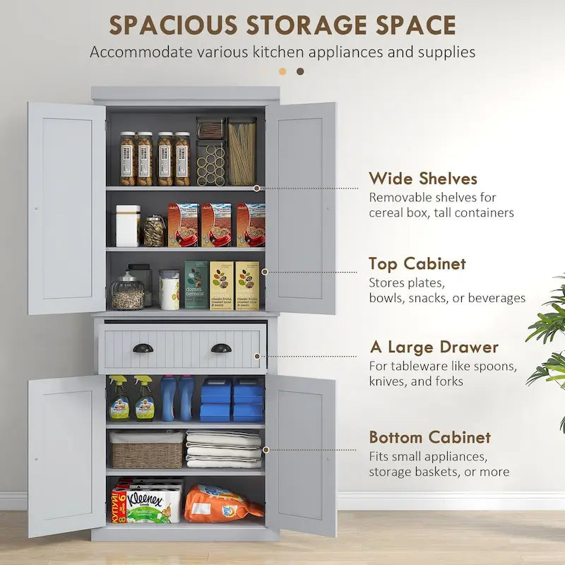 Armadio dispensa da cucina da 72 pollici, mobile tradizionale autoportante con 4 ante e 3 ripiani regolabili, ampio cassetto centrale