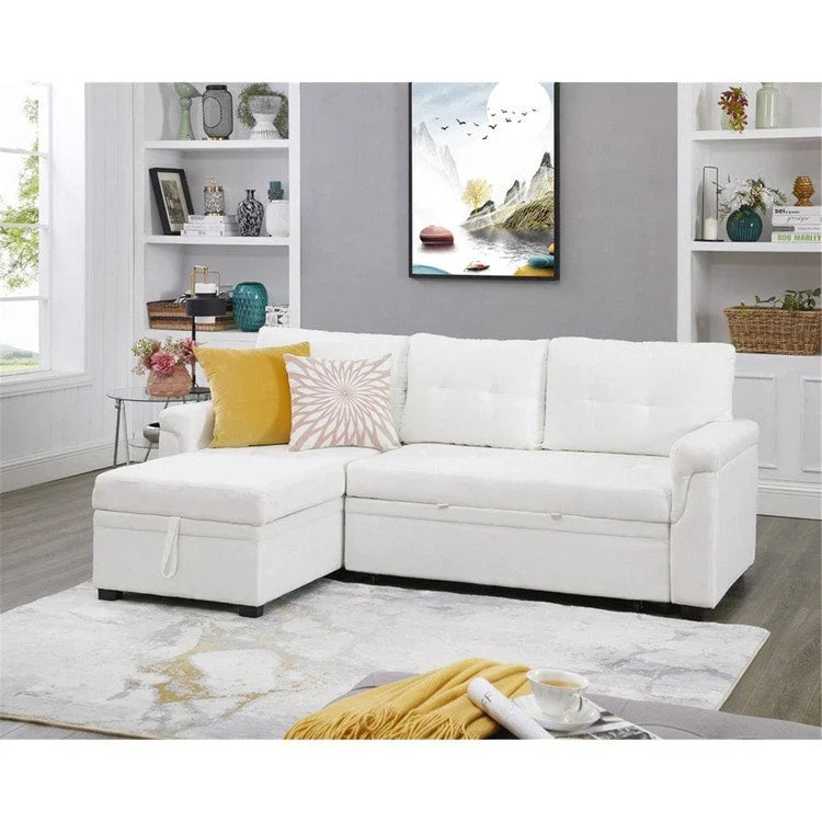 Divano componibile reversibile trasformabile con letto estraibile, chaise longue con contenitore nascosto e gambe resistenti