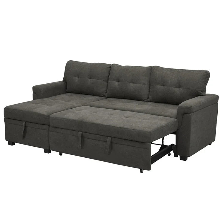 Umbaubares, beidseitig montierbares Ecksofa mit ausziehbarem Schlafbett, verstecktem Stauraum in der Recamiere und robusten Beinen