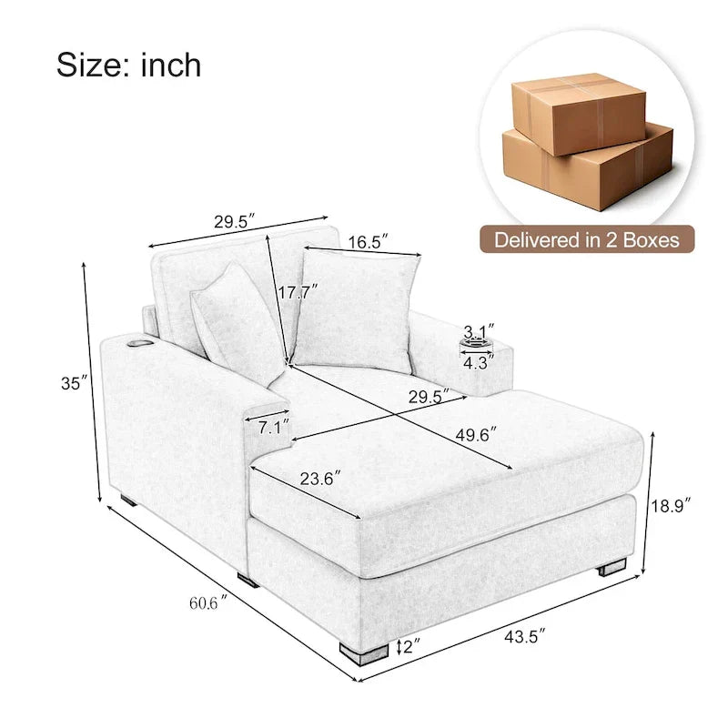 Extra grote chaise longue met kussens, verkrijgbaar in drie maten