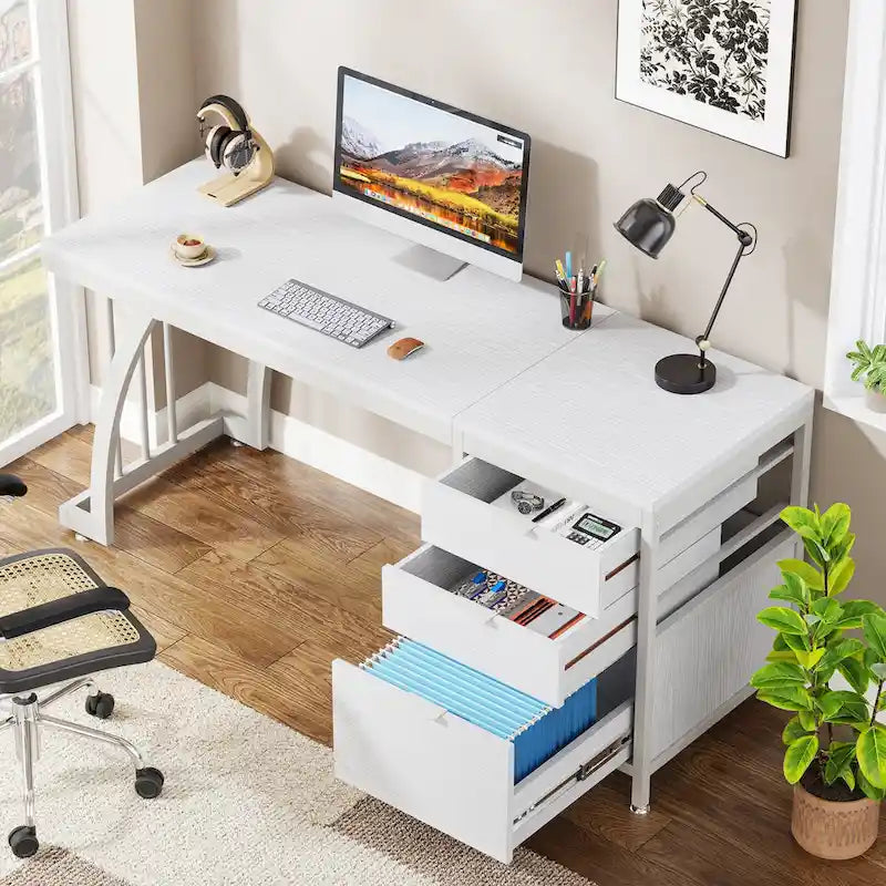 Grande scrivania per computer con mobiletto a cassetti reversibile