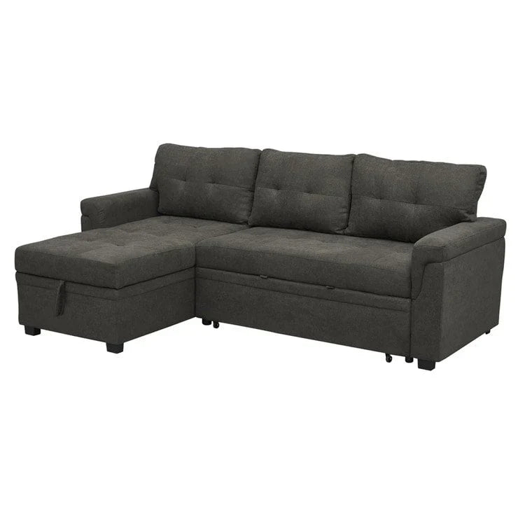 Umbaubares, beidseitig montierbares Ecksofa mit ausziehbarem Schlafbett, verstecktem Stauraum in der Recamiere und robusten Beinen
