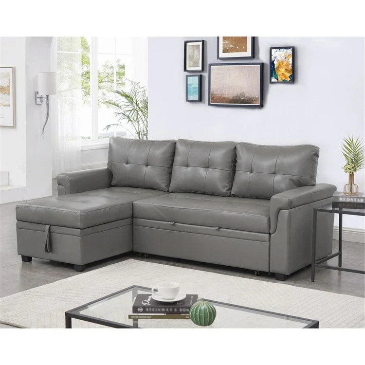 Divano componibile reversibile trasformabile con letto estraibile, chaise longue con contenitore nascosto e gambe resistenti
