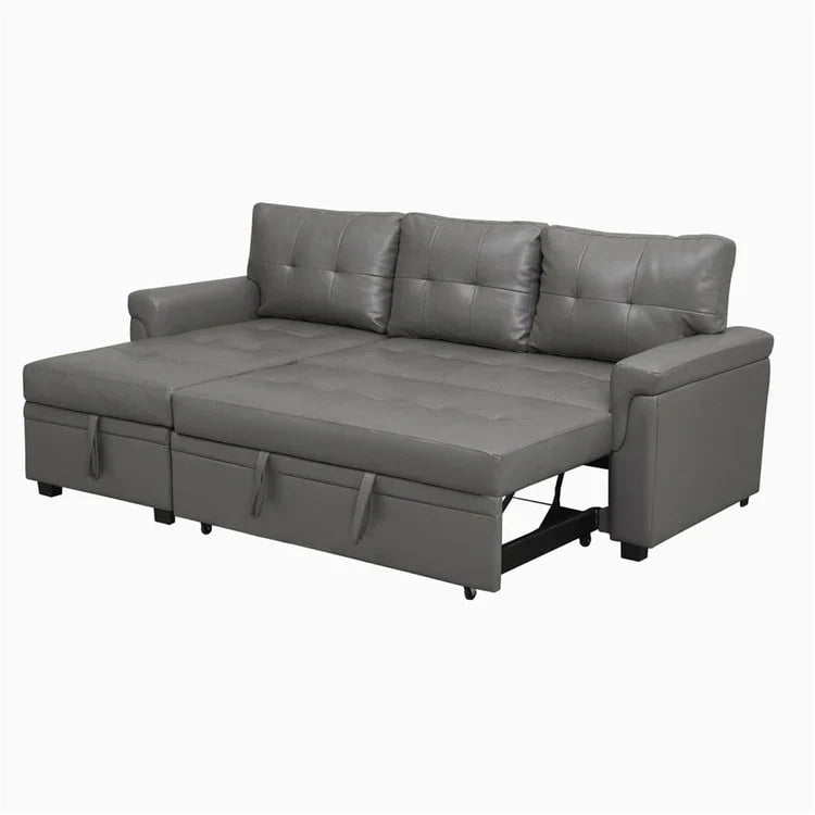 Umbaubares, beidseitig montierbares Ecksofa mit ausziehbarem Schlafbett, verstecktem Stauraum in der Recamiere und robusten Beinen