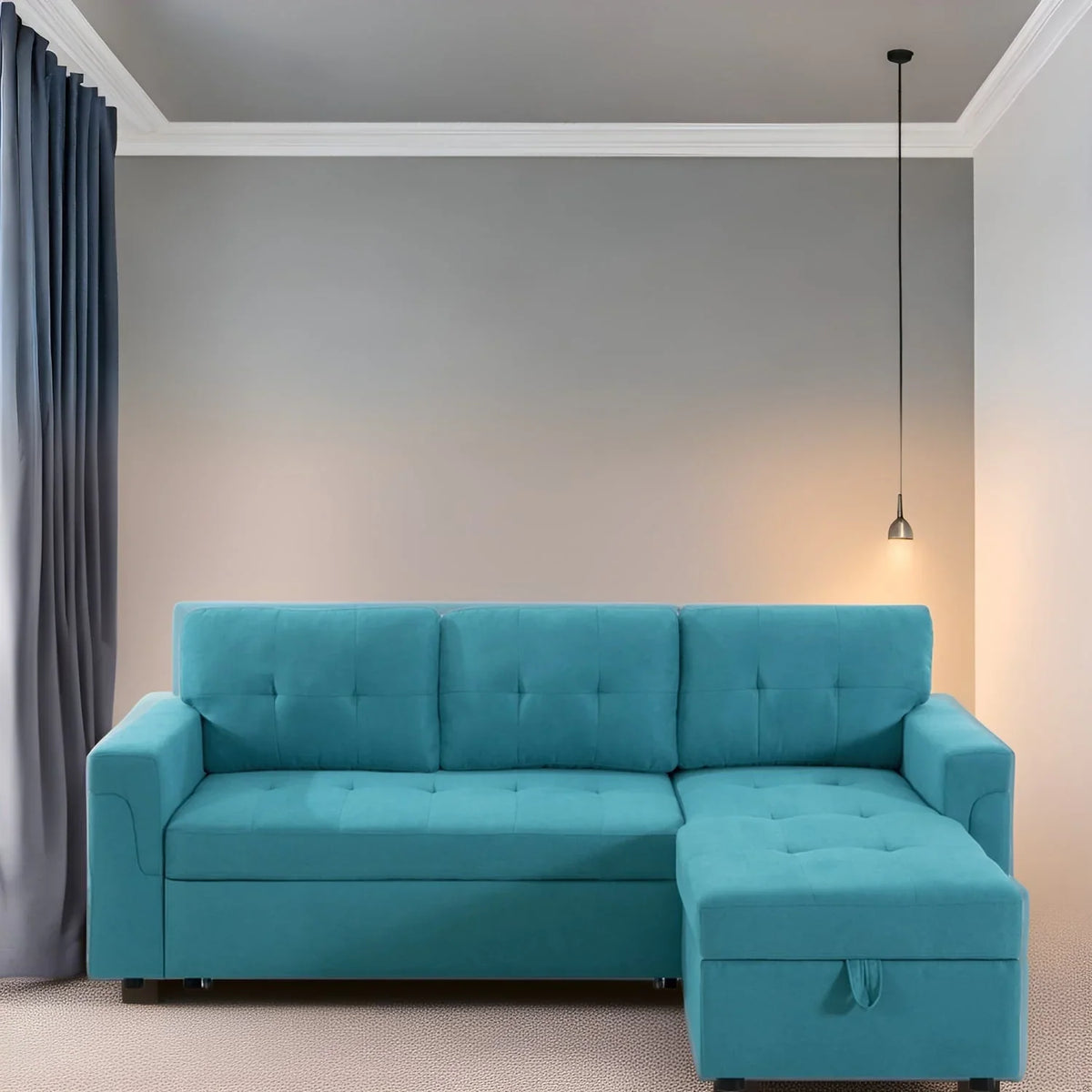 Divano componibile reversibile trasformabile con letto estraibile, chaise longue con contenitore nascosto e gambe resistenti