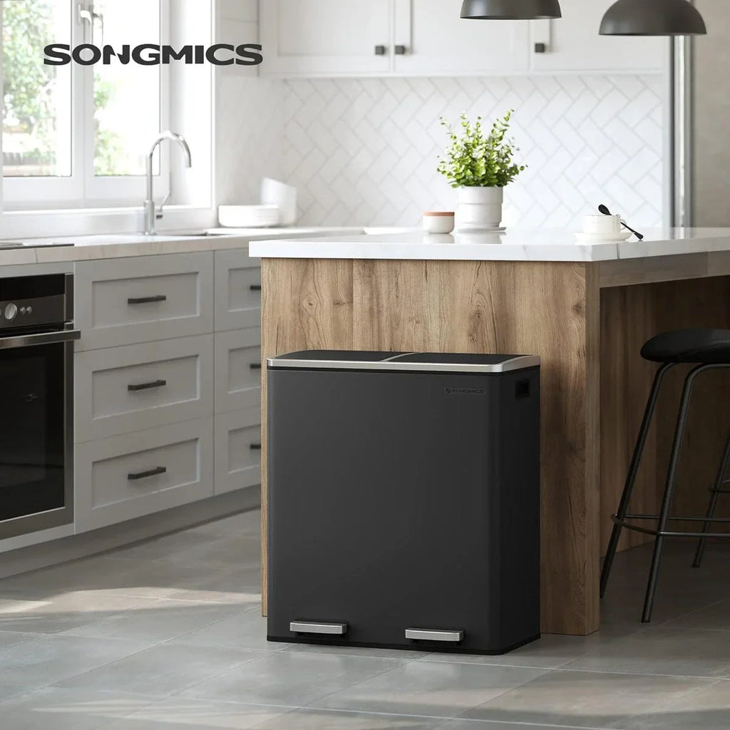 Διπλός κάδος απορριμμάτων SONGMICS, 16 γαλόνια, από ανοξείδωτο ατσάλι, μαύρος