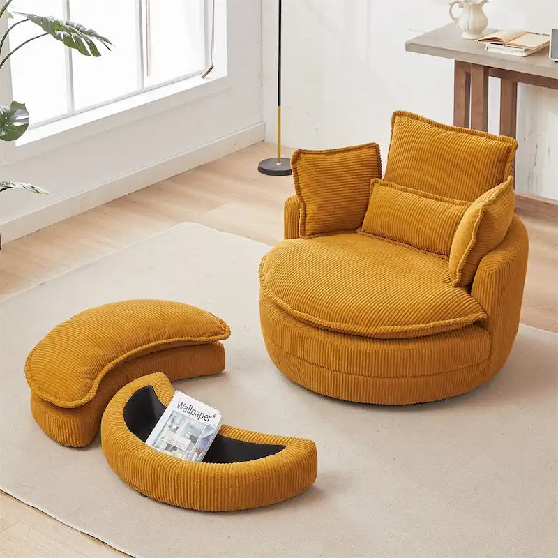 Oversized Swivel Chair with Moon Storage Ottoman with 4 Pillows