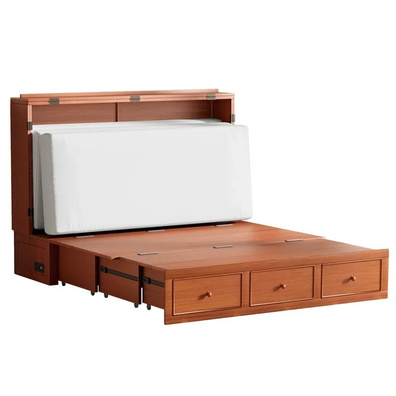Murphy Bed with Foldable Mattress, Modern Cube Cabinet Bed with Storage Drawer & USB Charging Station