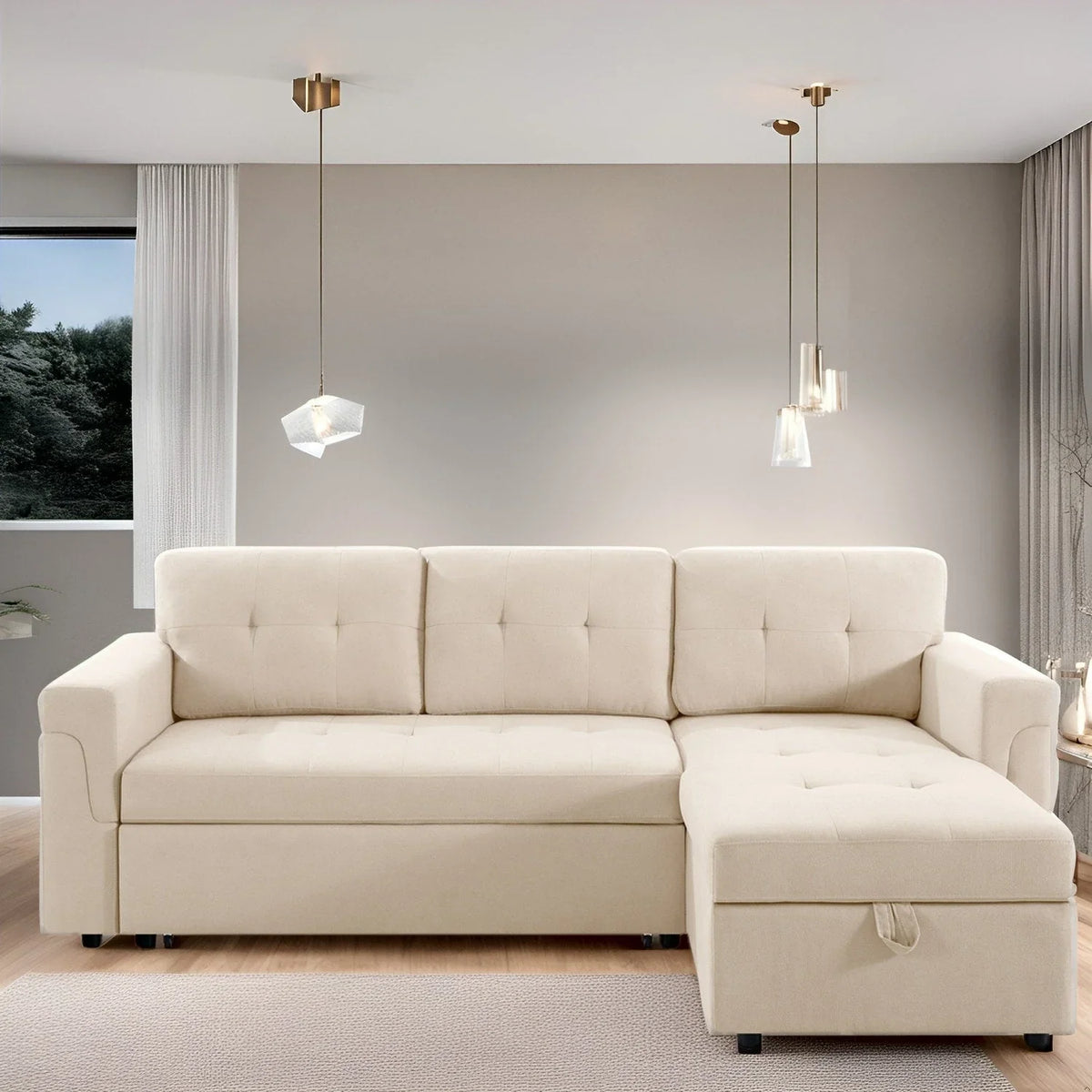 Divano componibile reversibile trasformabile con letto estraibile, chaise longue con contenitore nascosto e gambe resistenti
