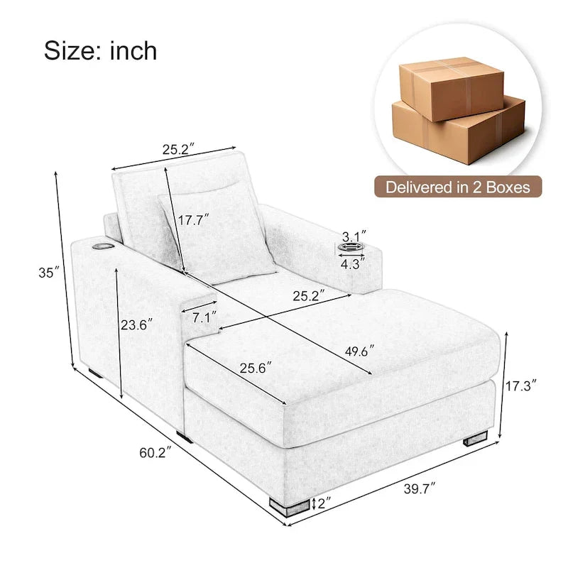 Extra grote chaise longue met kussens, verkrijgbaar in drie maten