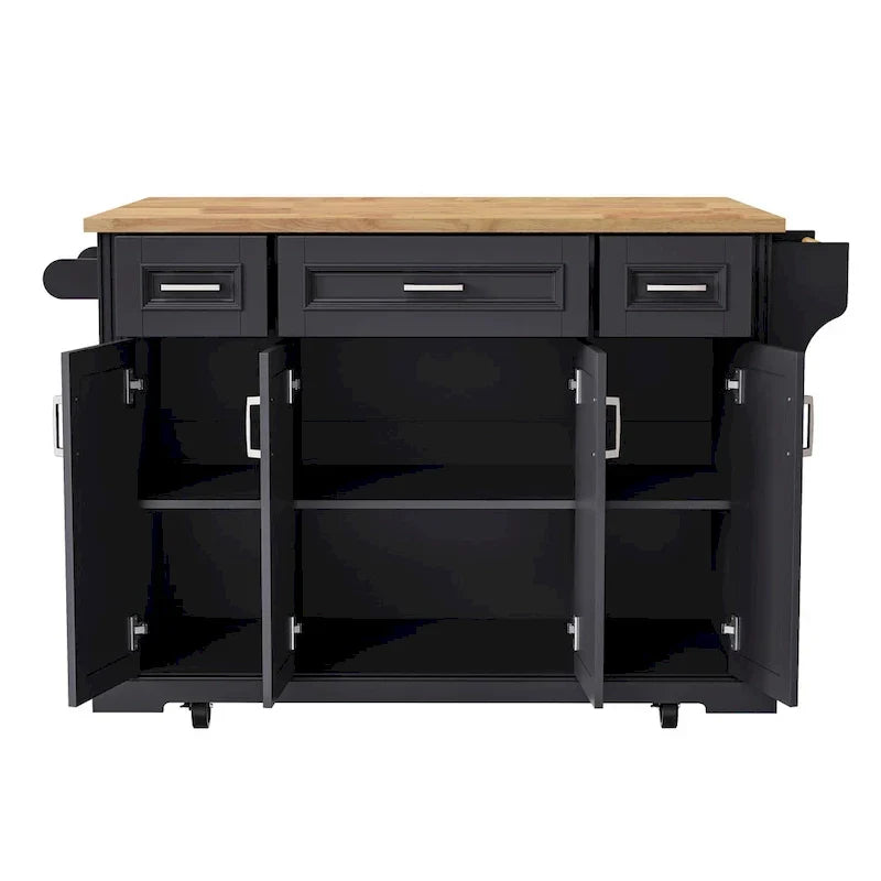 54 - Grande isola cucina con anta a ribalta in legno di gomma, carrello da cucina scorrevole con texture in rilievo su 4 ruote con 4 ante e 3 cassetti