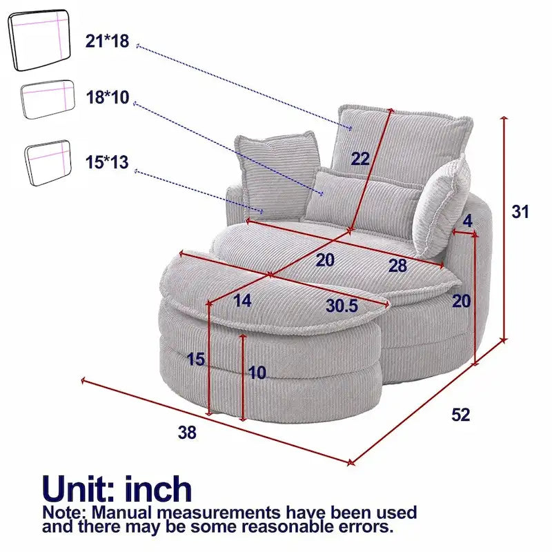 Oversized Swivel Chair with Moon Storage Ottoman with 4 Pillows