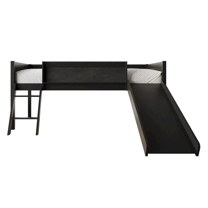 Letto a soppalco basso classico singolo CraftPorch con lavagna, scivolo e scaletta