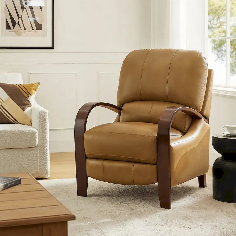 Poltrona reclinabile manuale Alex Mid-century Modern Cigar in vera pelle con braccioli ricurvi in legno