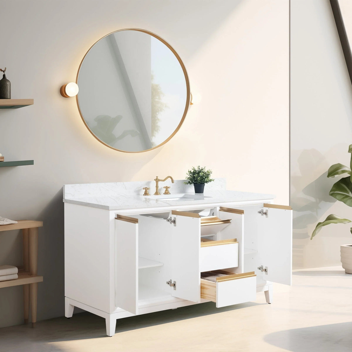 Badunterschrank von Vanity Art mit Keramikwaschbecken und Kunstmarmorplatte