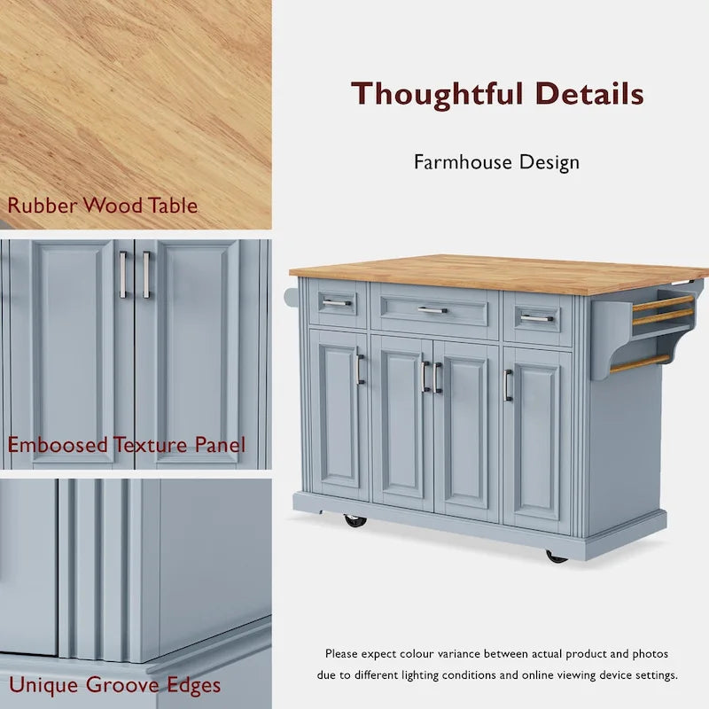 54 - Grande isola cucina con anta a ribalta in legno di gomma, carrello da cucina scorrevole con texture in rilievo su 4 ruote con 4 ante e 3 cassetti
