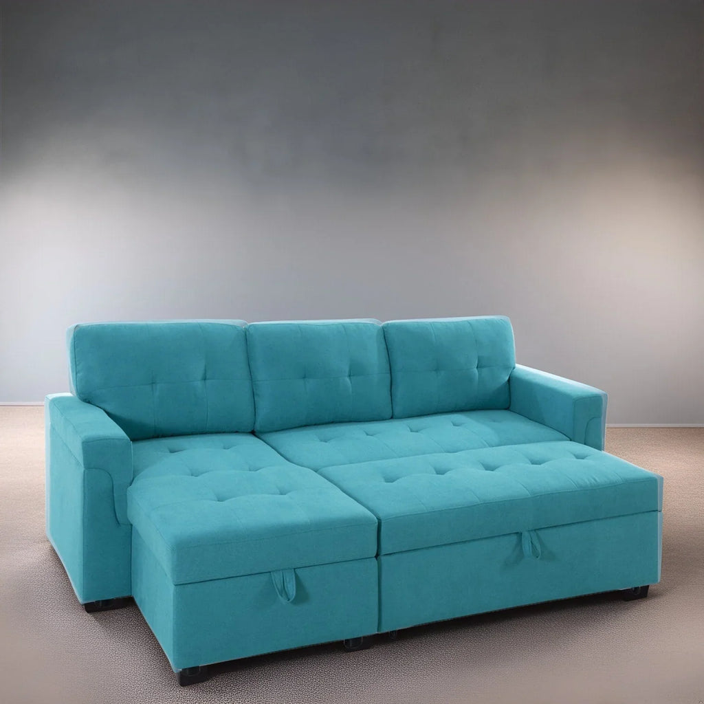 Umbaubares, beidseitig montierbares Ecksofa mit ausziehbarem Schlafbett, verstecktem Stauraum in der Recamiere und robusten Beinen