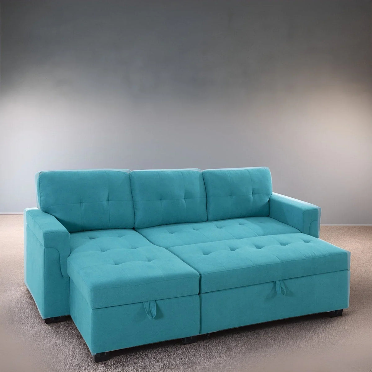Umbaubares, beidseitig montierbares Ecksofa mit ausziehbarem Schlafbett, verstecktem Stauraum in der Recamiere und robusten Beinen