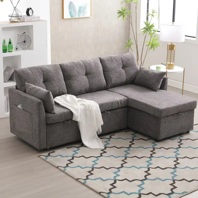 Divano Sezionale a L con Chaise Reversibile, Rivestimento in Velluto a Coste/Ciniglia, con Bracciolo Portaoggetti e Tasca Laterale