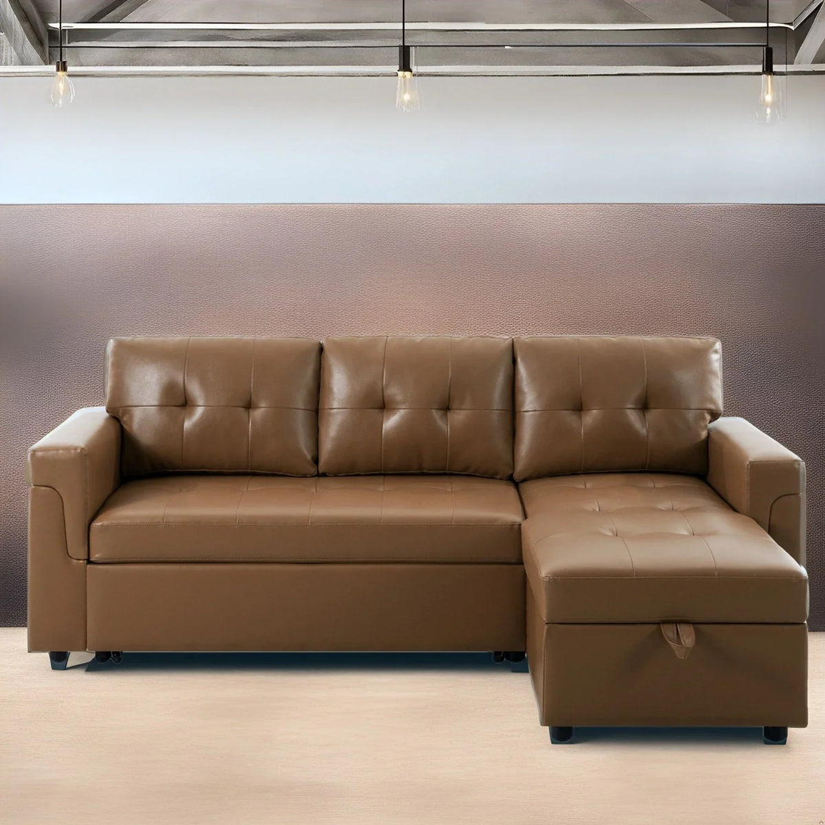 Divano componibile reversibile trasformabile con letto estraibile, chaise longue con contenitore nascosto e gambe resistenti