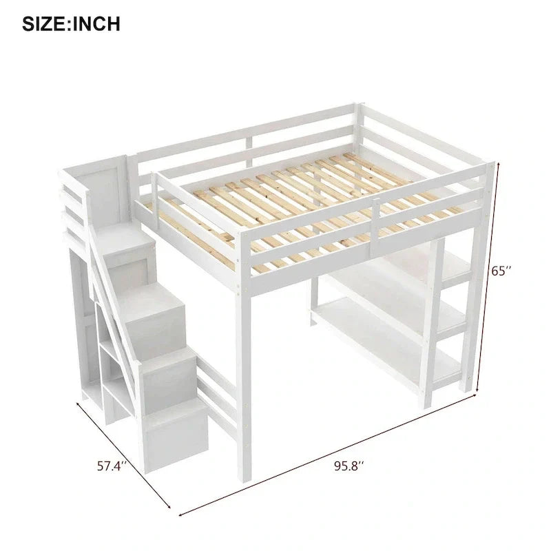 Letto a soppalco singolo/matrimoniale con scala contenitore - Ripiani, armadio e luce LED, design salvaspazio