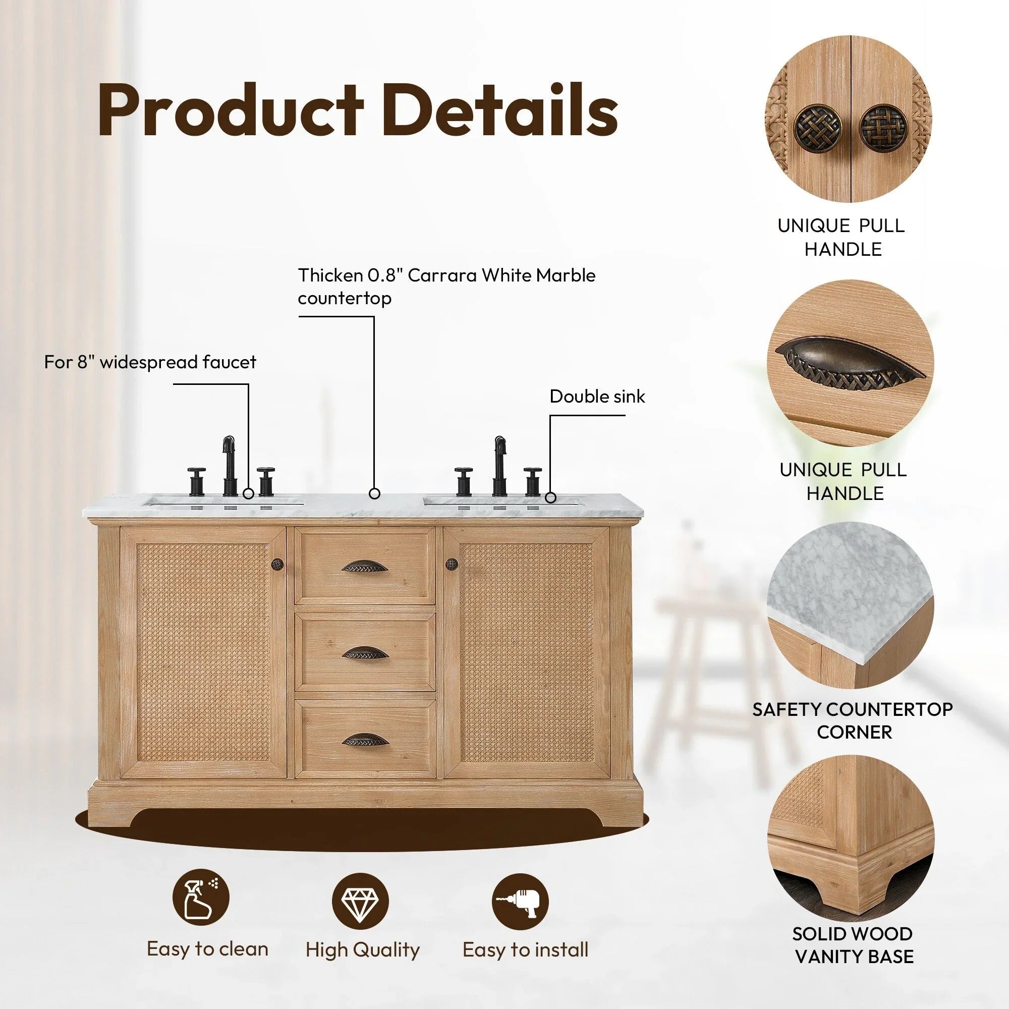 Mobile bagno Hervas con top in marmo naturale senza specchio