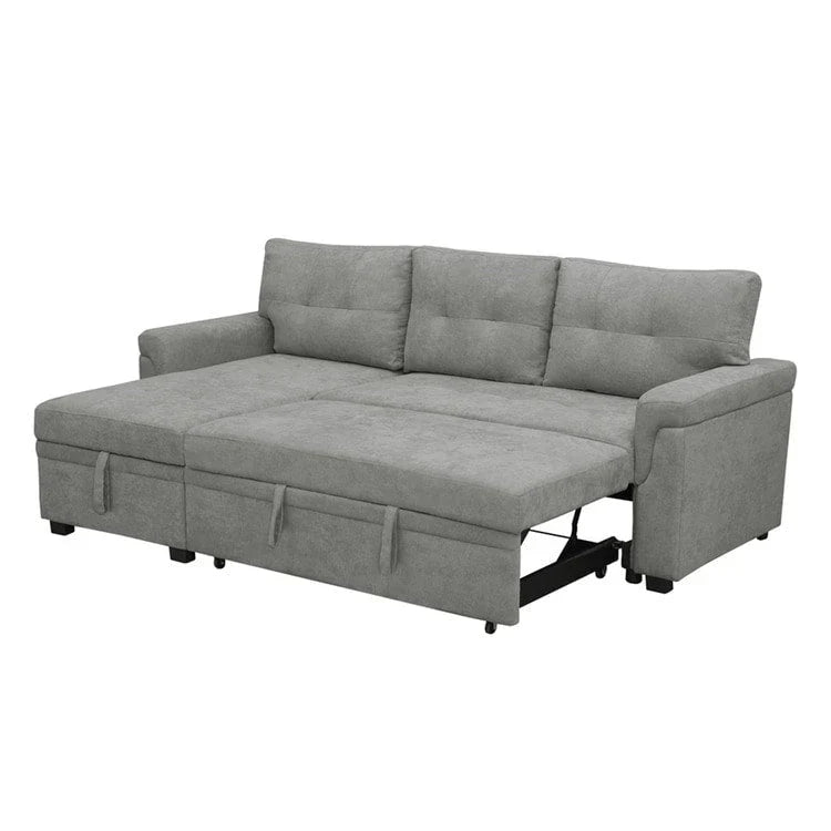 Umbaubares, beidseitig montierbares Ecksofa mit ausziehbarem Schlafbett, verstecktem Stauraum in der Recamiere und robusten Beinen