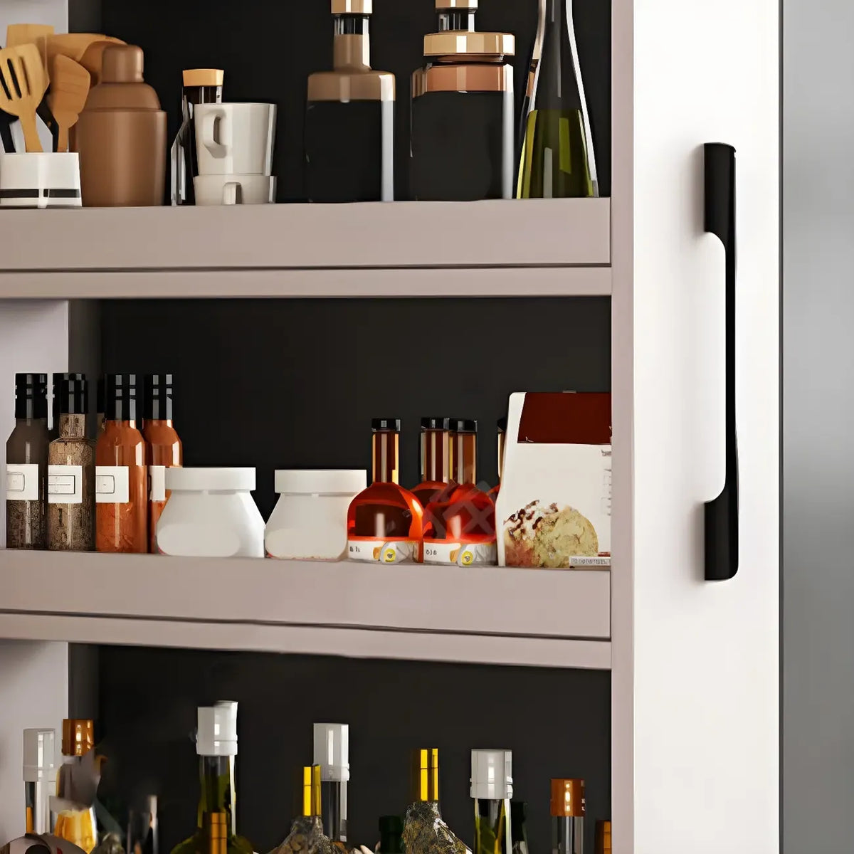 Moderan drveni buffet stol s otvorenim policama i kotačićem