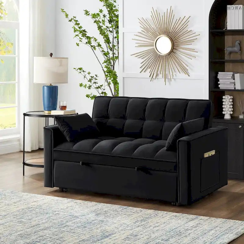 Divano letto a due posti 4 in 1 con braccioli e tasche portaoggetti, divano letto estraibile multifunzionale trapuntato con schienale regolabile