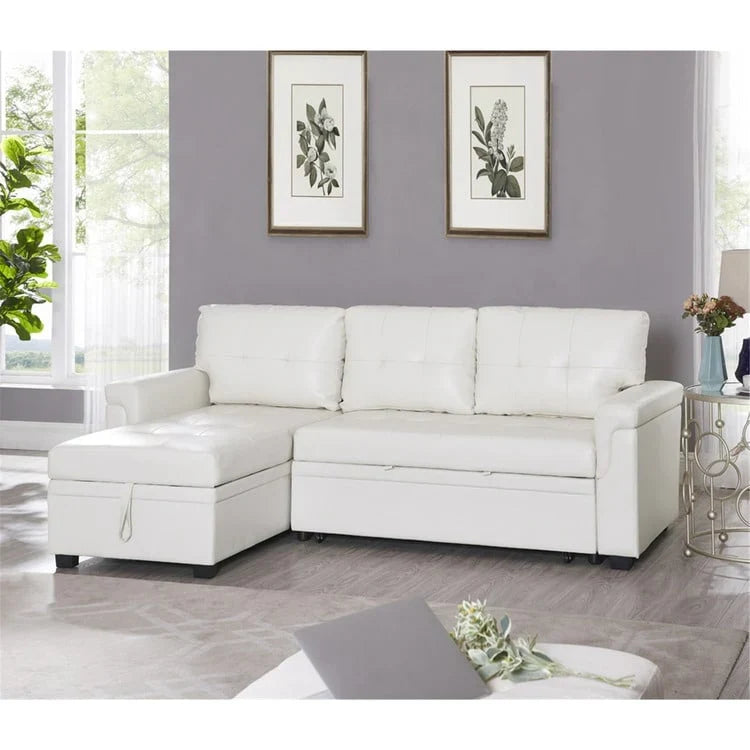 Divano componibile reversibile trasformabile con letto estraibile, chaise longue con contenitore nascosto e gambe resistenti