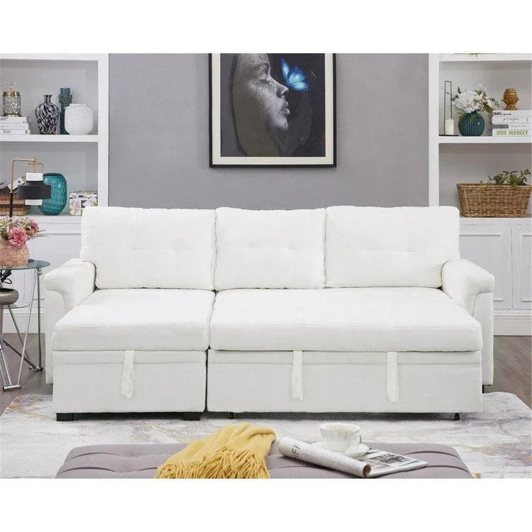 Umbaubares, beidseitig montierbares Ecksofa mit ausziehbarem Schlafbett, verstecktem Stauraum in der Recamiere und robusten Beinen
